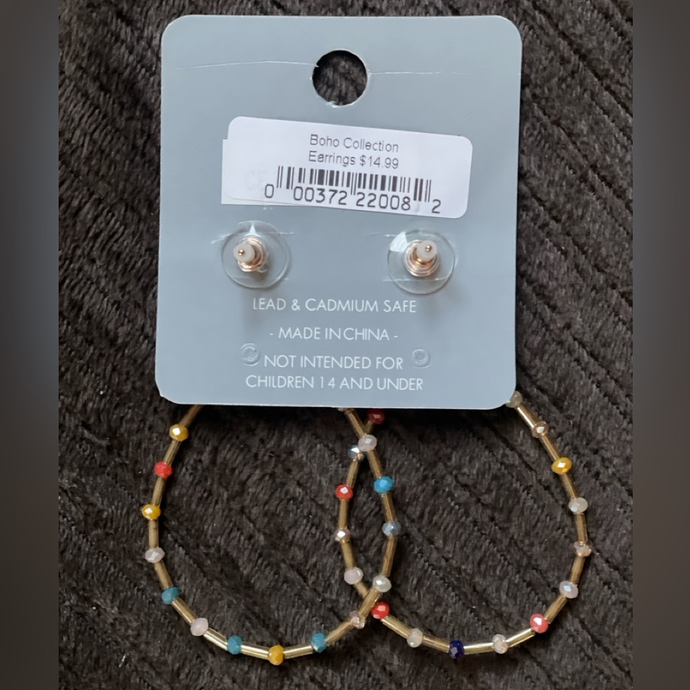Gold Hoop Earrings with Multi Colored Beads - Picture 4 of 9
